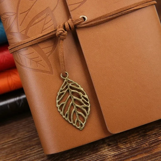Retro Leaf Embossed Leather Cover Journal With Kraft Pages