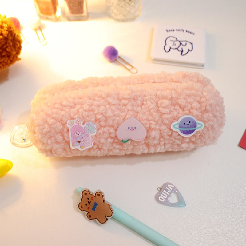 Lamb Plush Material Pencil Case with Acrylic Badges