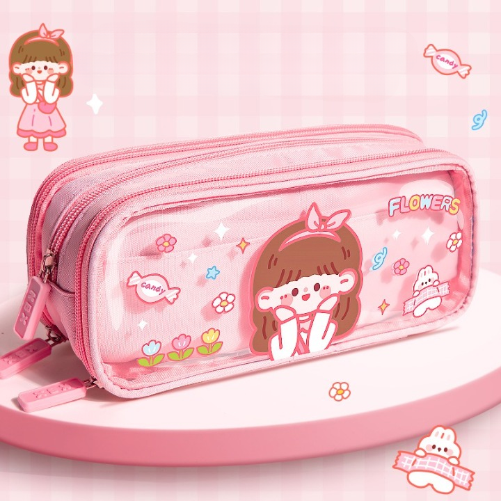 Cute Girl Triple-Layer Pencil Case And Cosmetic Pouch