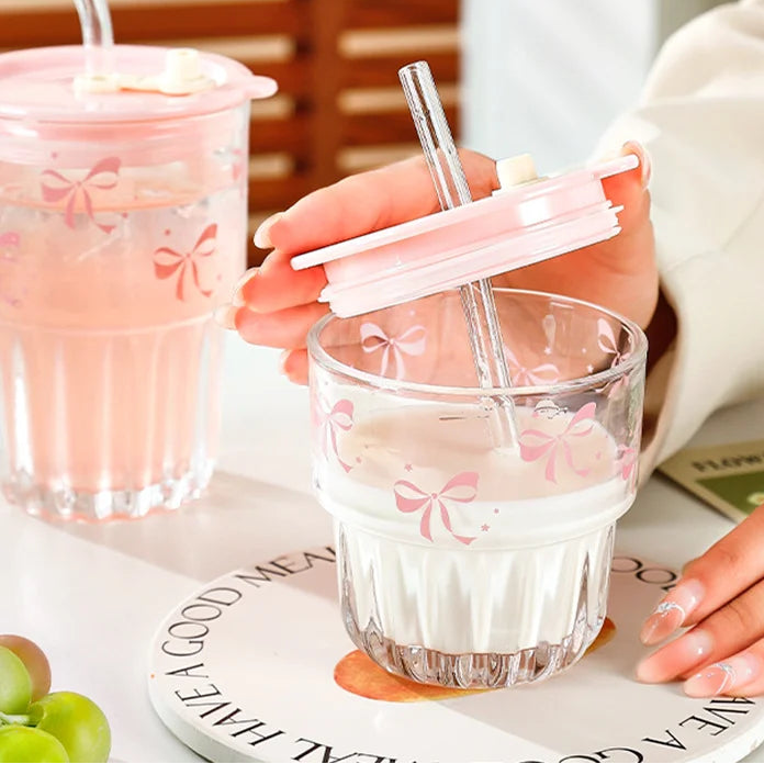 Bow Print Ribbed Glass Cup with Straw