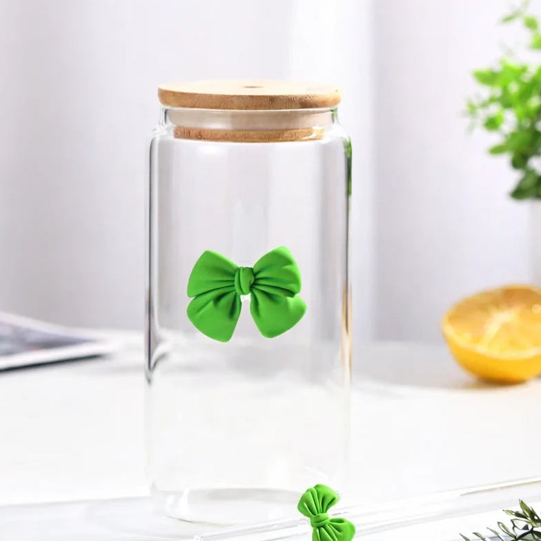 Bow Mounted Glass Cup with Bamboo Lid and Straw