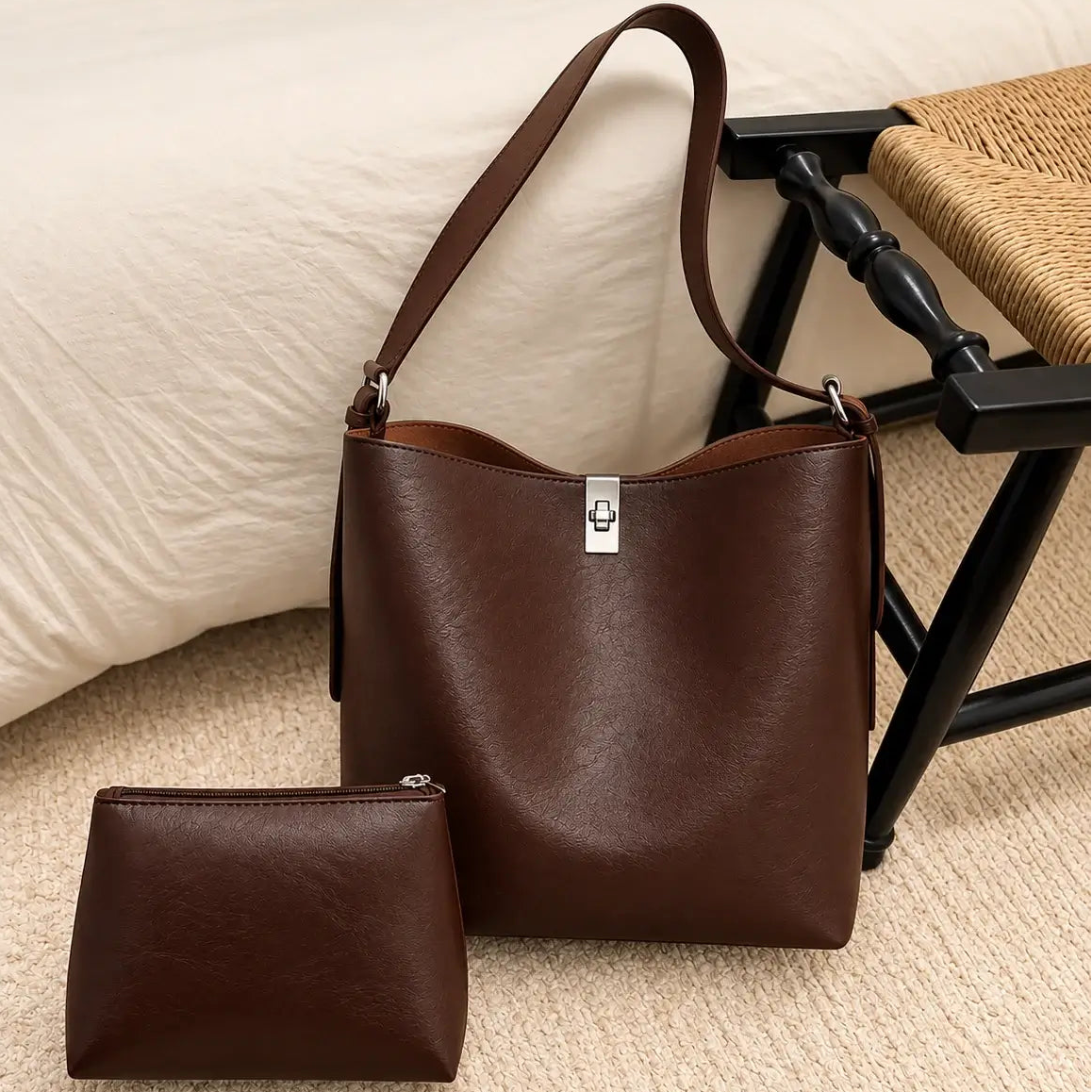 Premium Leather Shoulder Bag with Matching Pouch