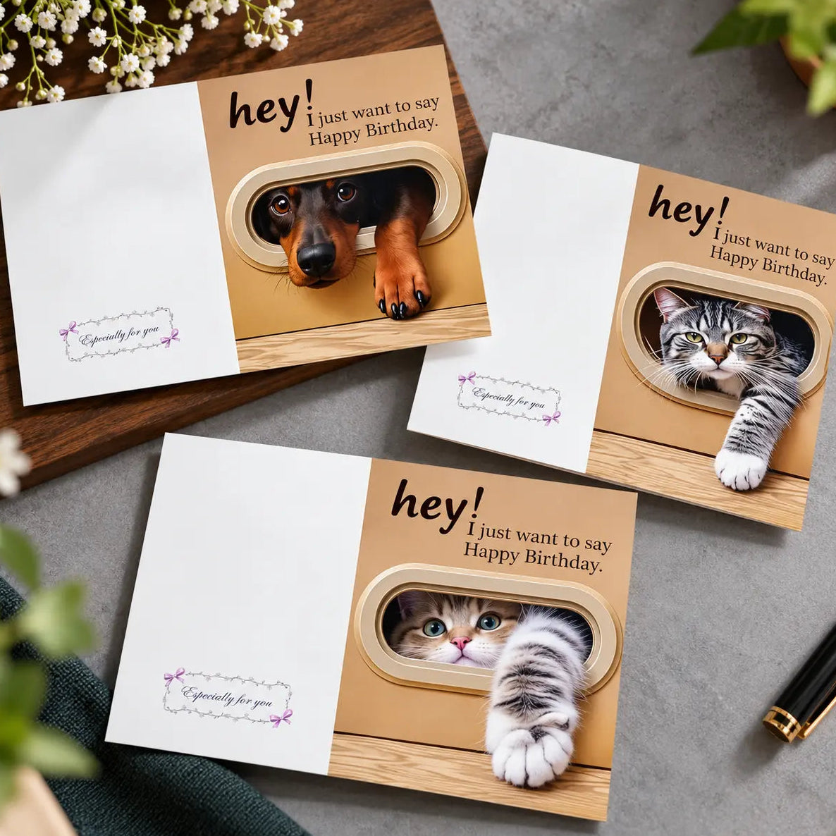 3D Cat & Dog Birthday Greeting Cards with Envelopes