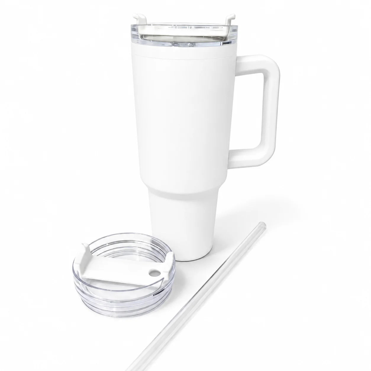 A white insulated travel tumbler with a handle, shown with a clear lid and a clear straw on a white background.
