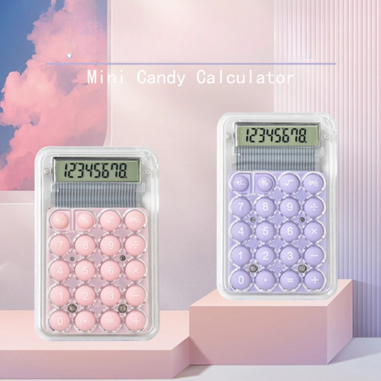 Two calculators with candy-like buttons on a pink and purple gradient background