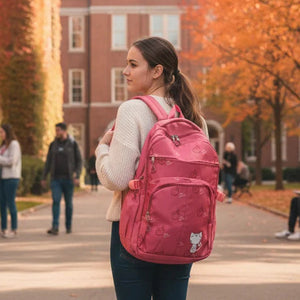 Person with a pink backpack walking on a college campus during autumn.