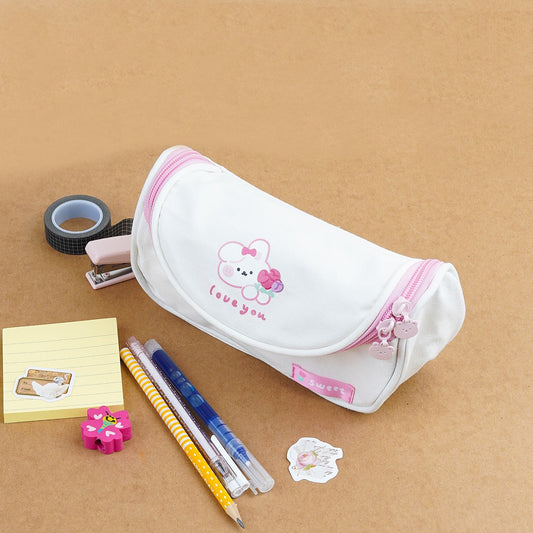 A collection of three pencil cases in blue, purple, and pink, each featuring a teddy bear design and equipped with a zipper.