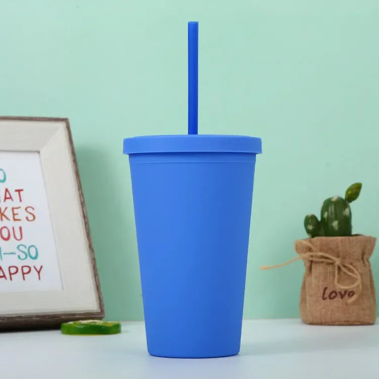 Double Layer Plastic Cup with Straw
