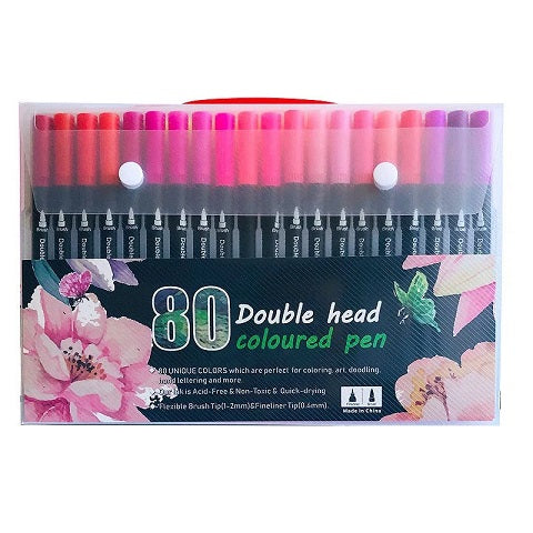Packaging of 80 double-headed colored pens with floral designs on a white background
