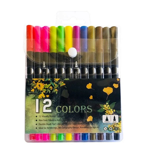 Set of 12 colorful markers in packaging with a floral design on a white background