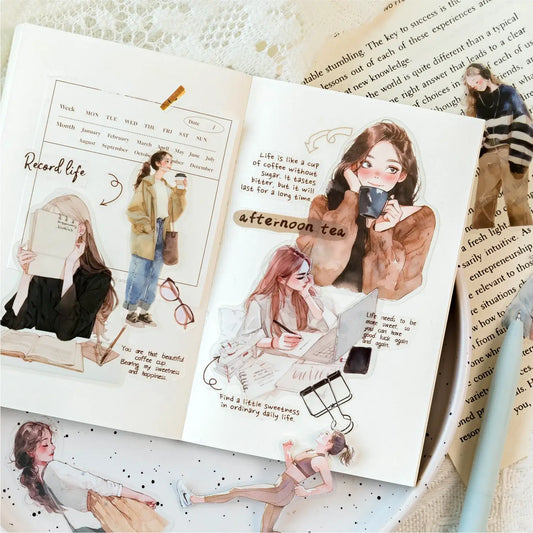 Illustrated pages from a notebook with a woman drinking tea and text.