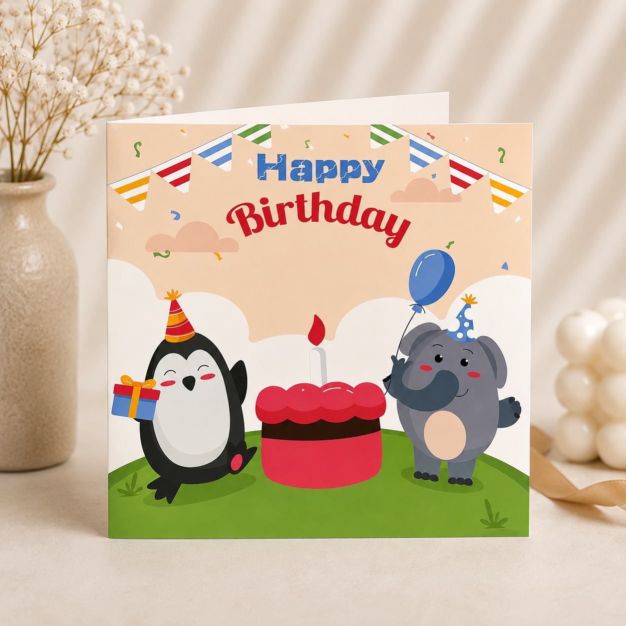 Kids 3D Birthday Greeting Card with Light n Music - Penguin n Elephant