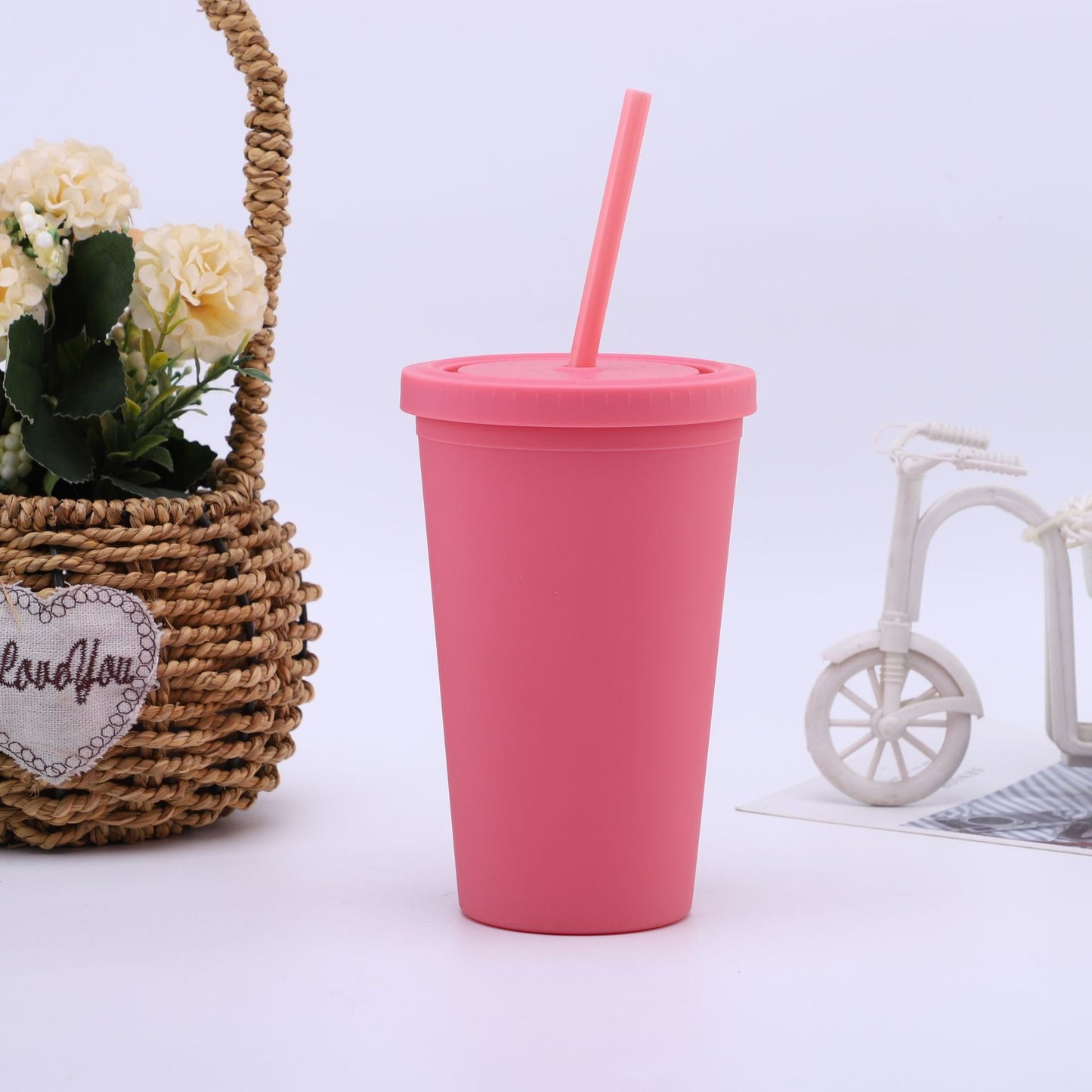 Double Layer Plastic Cup with Straw