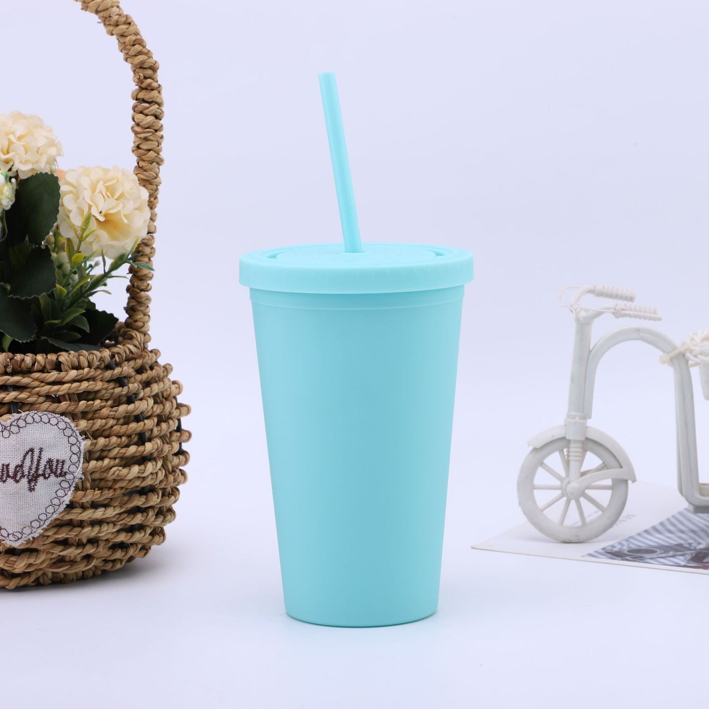 Double Layer Plastic Cup with Straw