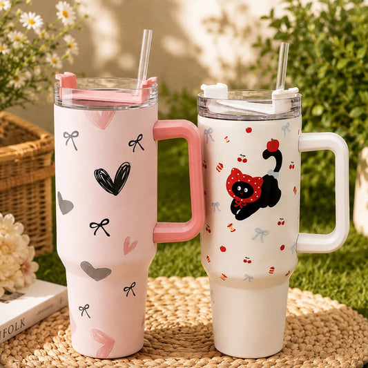Kawaii Bow & Character Print Travel Tumbler