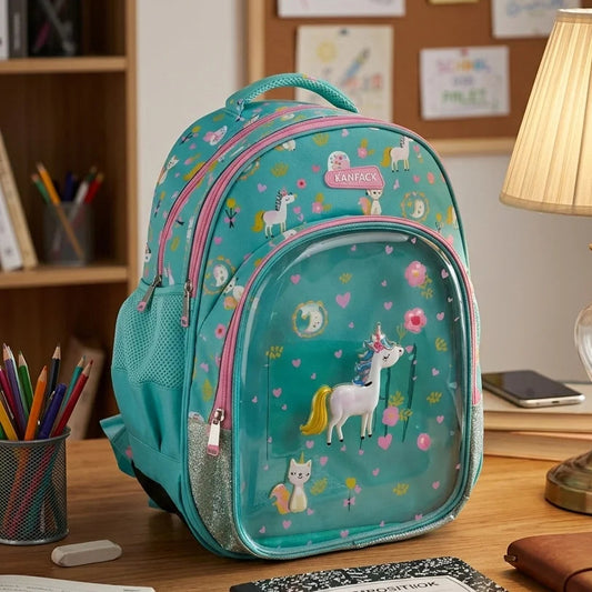Kids Unicorn Backpack with Transparent Front Pocket