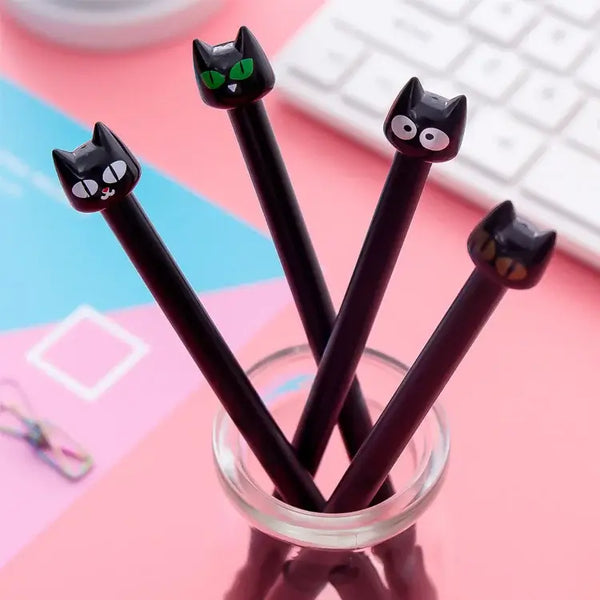 Korean Little Black Cat Head Gel Pen - Set of Four