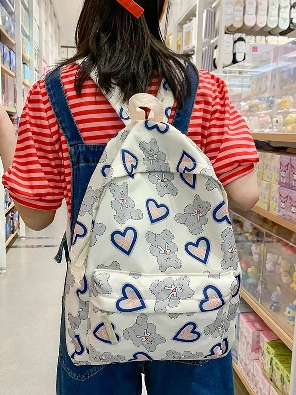Korean Style Bear Printed Backpack Bag - Off White