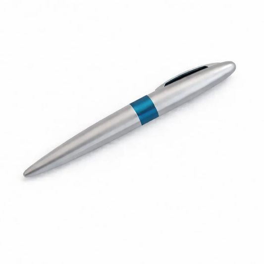 Silver pen with a blue accent on a white background