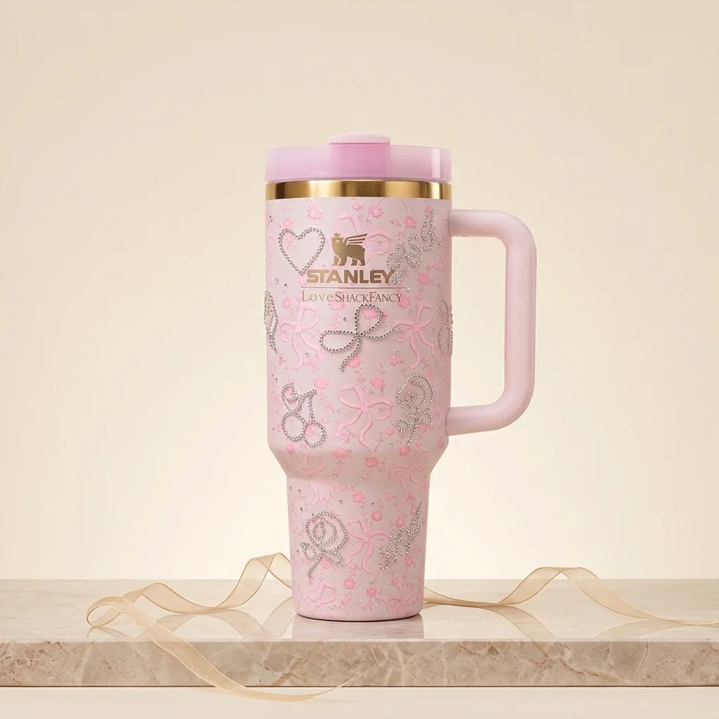 A pink Stanley travel tumbler with a matching lid, gold rim, and silver glitter patterns, displayed on a marble surface with a beige ribbon.