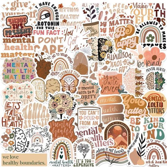 Collection of mental health-themed stickers with various designs and text on a patterned background.
