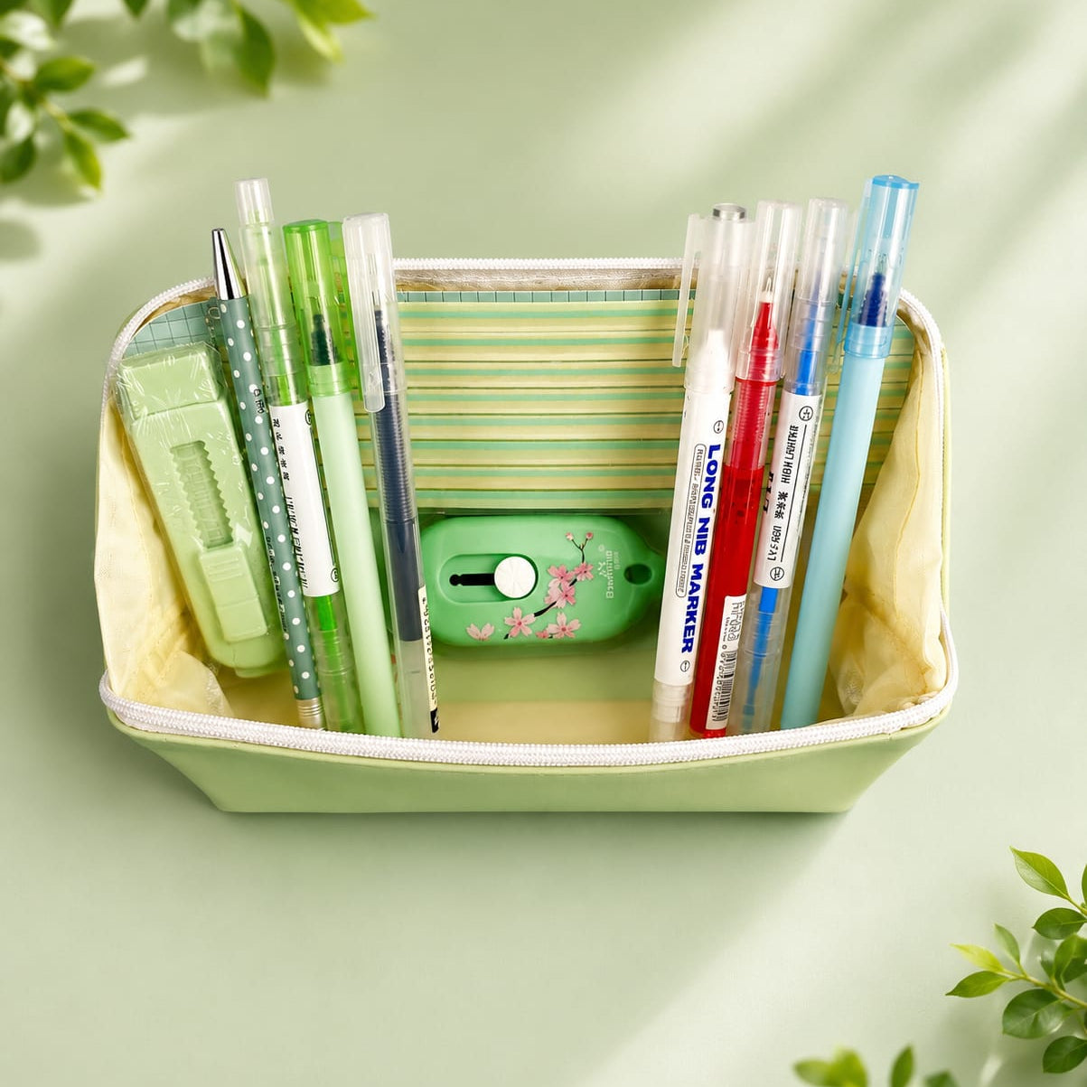 Desk organizer with stationery items on a light green background