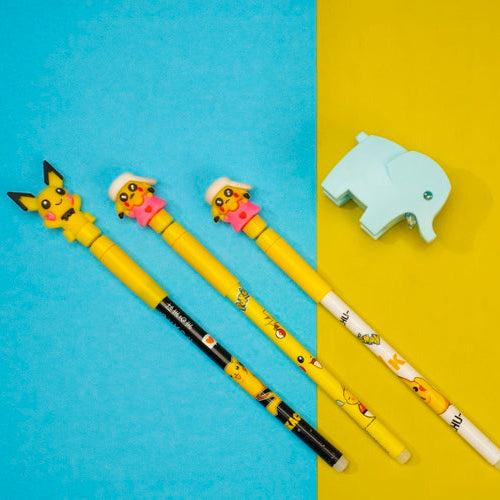 Three yellow pencils with cartoon characters on a blue and yellow background, accompanied by a light blue eraser.