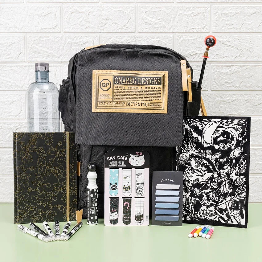 Premium Black Aesthetic School Supplies Kit with Backpack