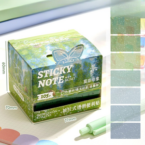Green sticky note box with butterfly design on a white background