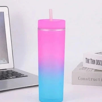 Rainbow Gradient Color Plastic Cup with Straw