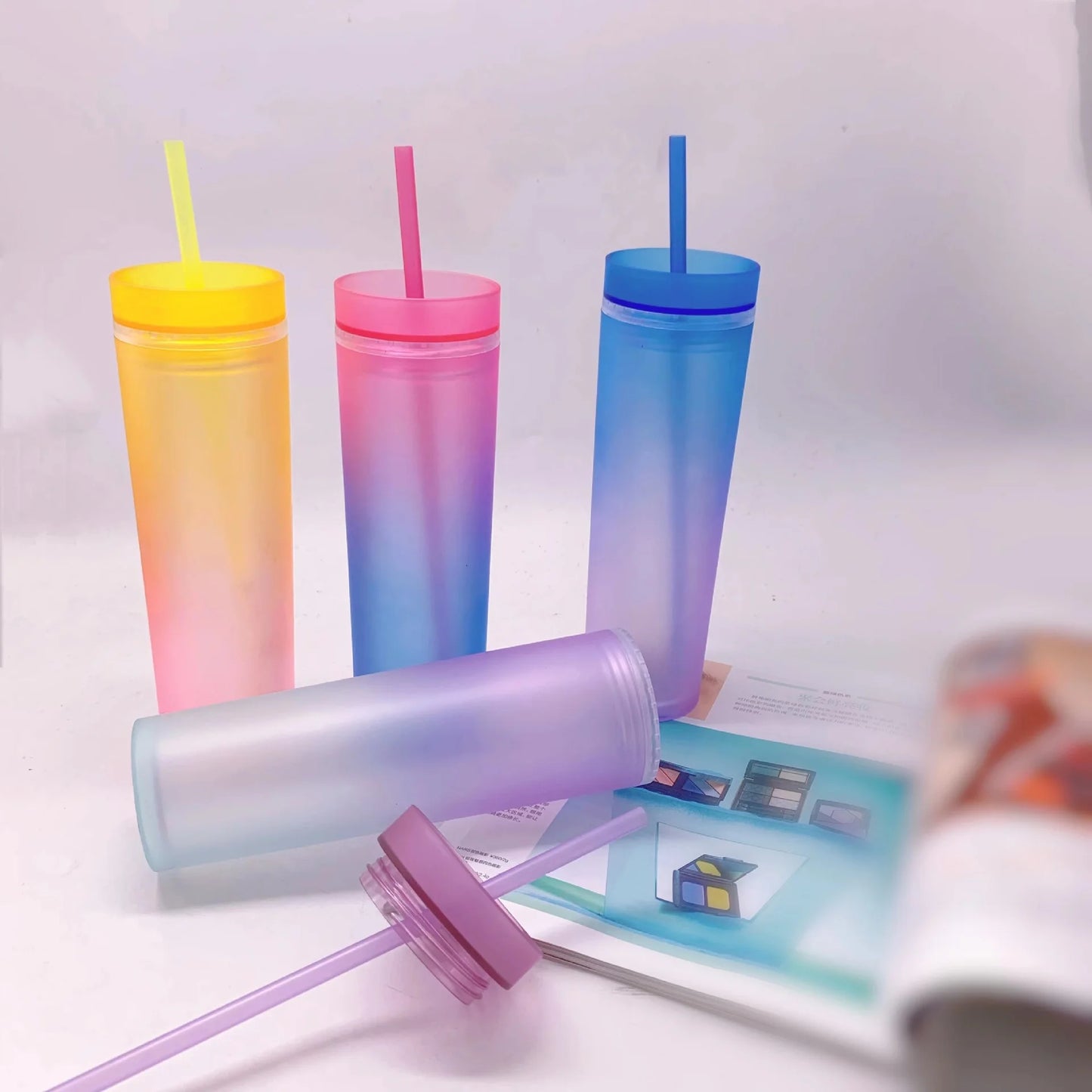 Rainbow Gradient Color Plastic Cup with Straw