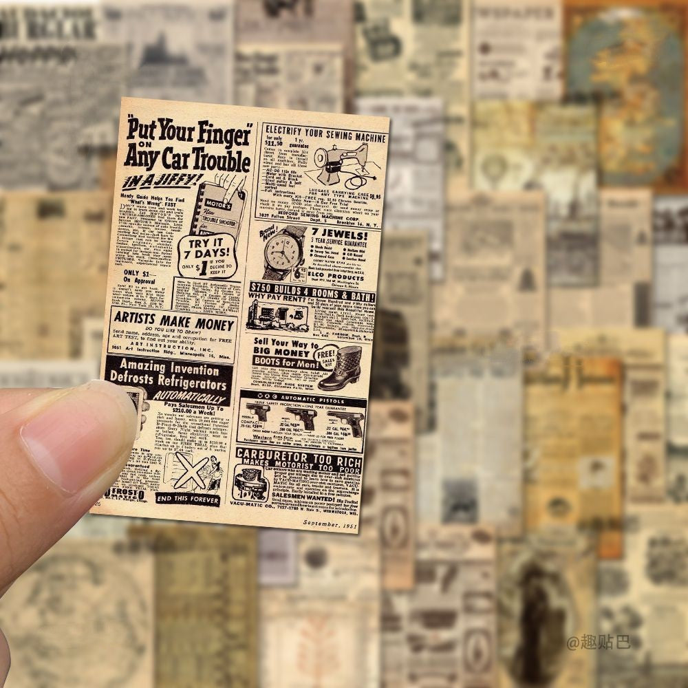 Small newspaper clipping held by a hand with a blurred collage of vintage advertisements in the background.