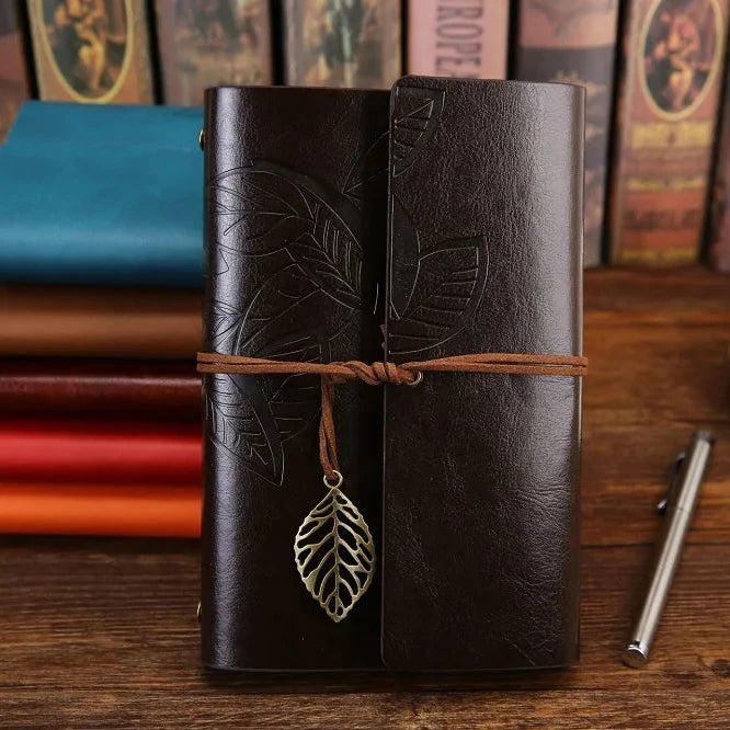 Retro Leaf Embossed Leather Cover Journal With Kraft Pages