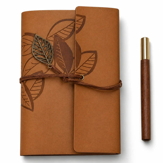 Retro Leaf Leather Journal Gift Set with Pen - Light Brown