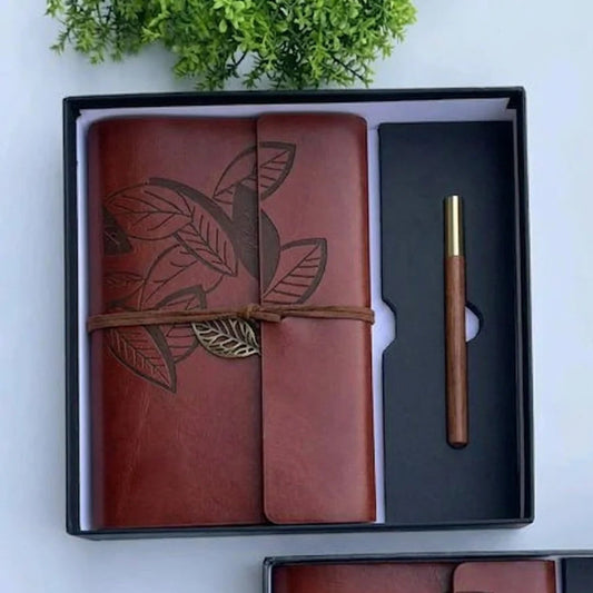 Retro Leaf Leather Journal Gift Set with Pen - Redish Brown