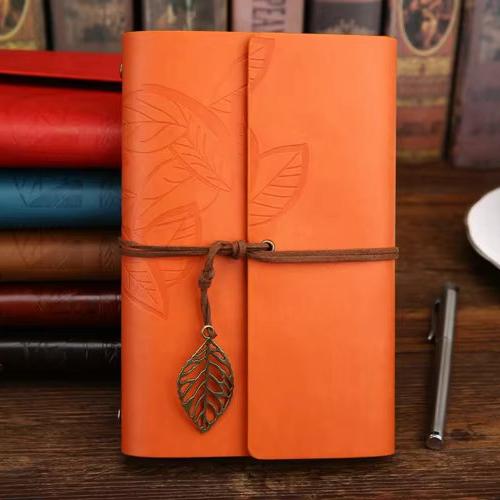 Retro Leaf Embossed Leather Cover Journal With Kraft Pages