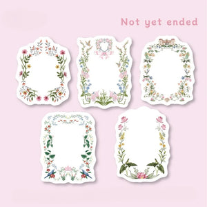 Five floral frames on a pink background with text 'Not yet ended'.