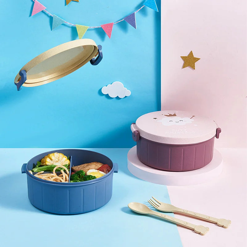 Round Cartoon Lunch Box with Multiple Compartments