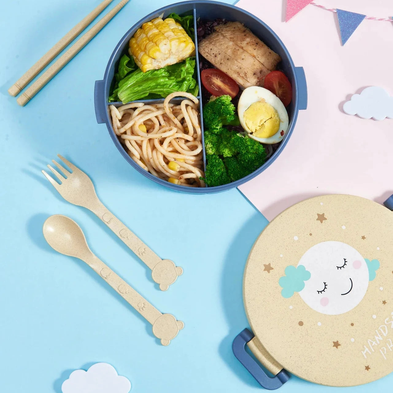 Round Cartoon Lunch Box with Multiple Compartments
