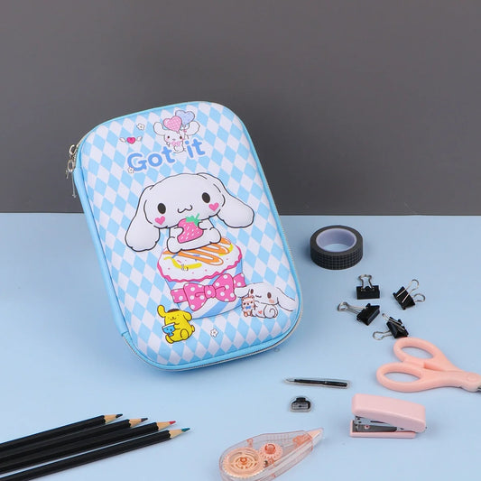 Three Sanrio 3D series pencil cases with character designs, accompanied by stationery items such as pencils and erasers.