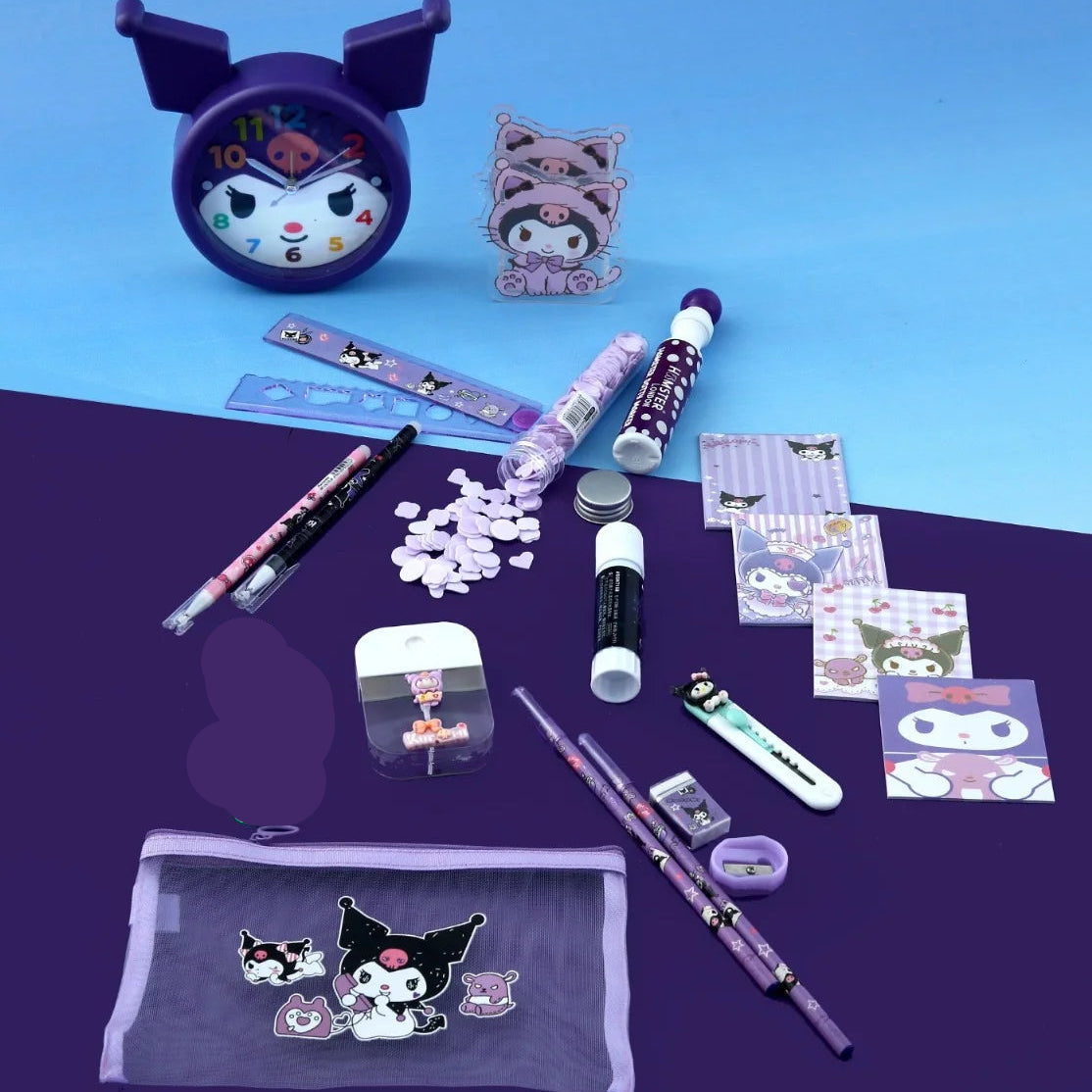 Collection of stationery items with cartoon character design on a purple and blue background