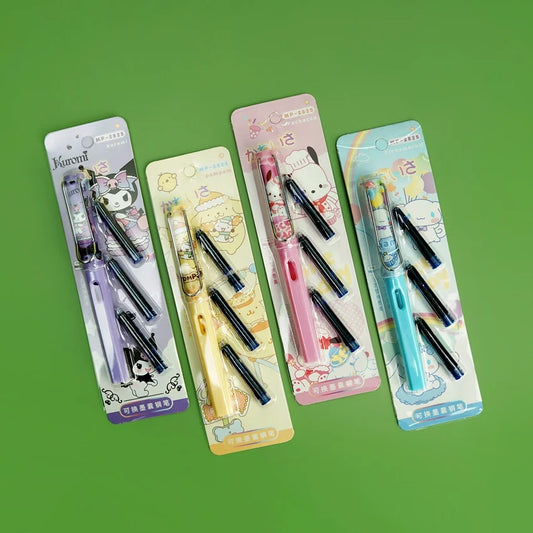 A collection of Sanrio Series Fountain Ink Pens with character designs on their packaging, displayed on a green background.