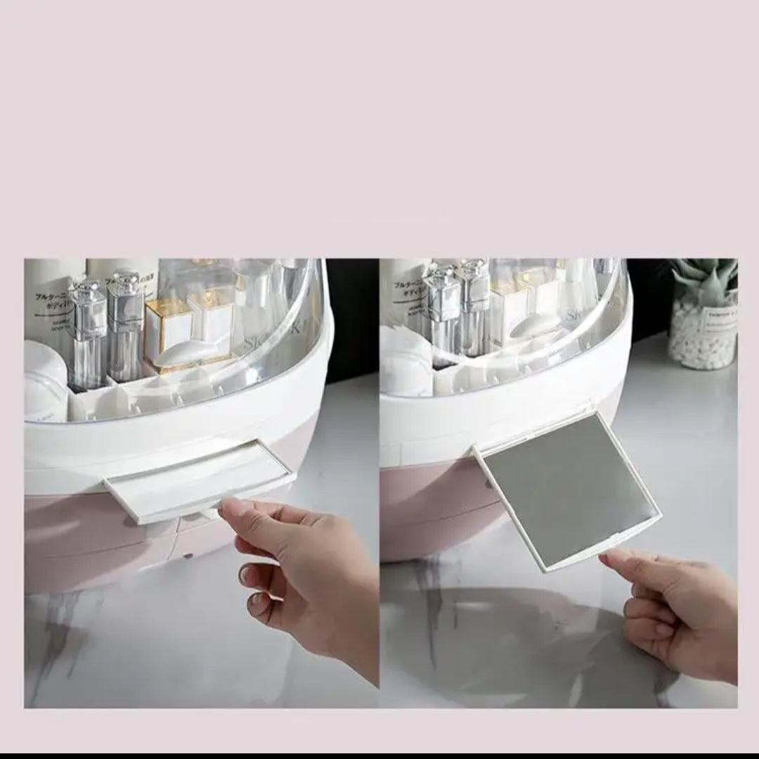 Makeup mirror with a sliding panel on a light gray surface