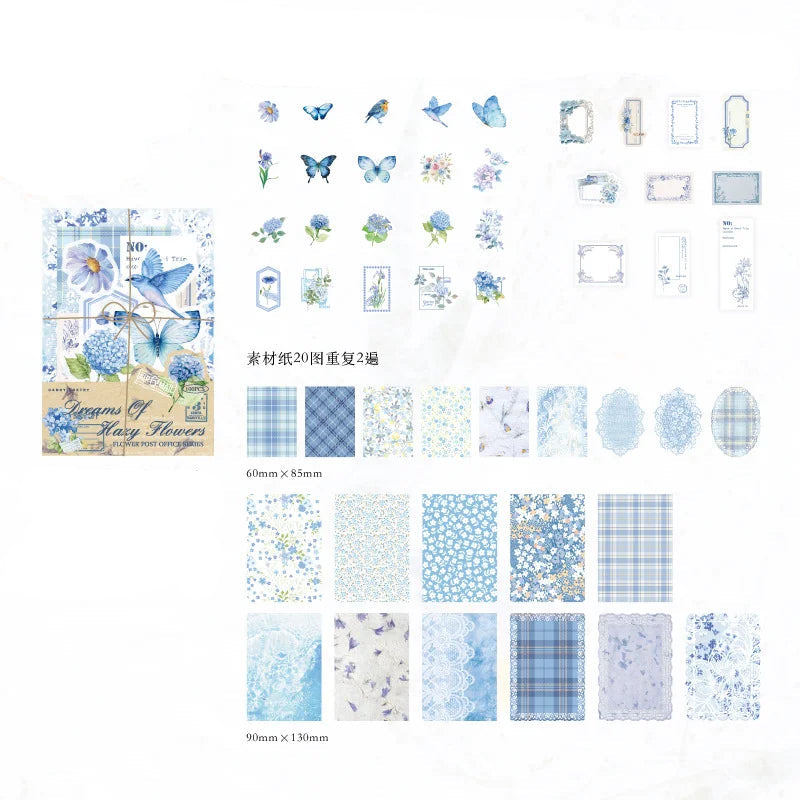 Collection of blue-themed stationery items with floral and butterfly designs on a white background.