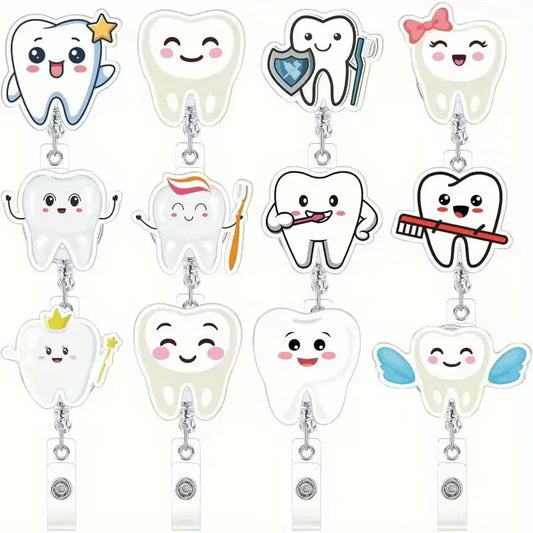 Set of cartoon tooth-shaped badge holders with various accessories on a white background