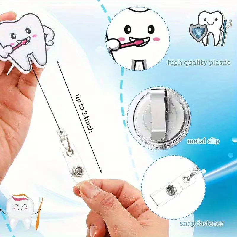 Tooth-themed badge reel with metal clip and snap fastener, held by a hand against a blue background.