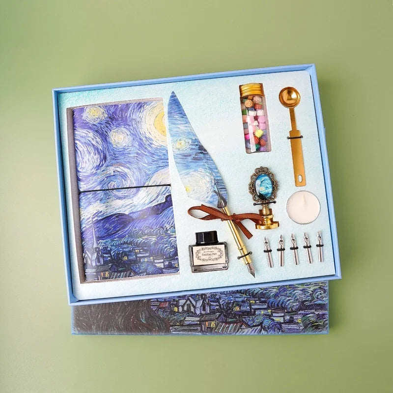 A calligraphy set with a feather pen, ink bottle, stamps, wax, and a candle, packaged in a box with a Van Gogh artwork print.