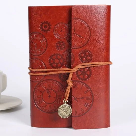 Vintage Clock Embossed Leather Dairy with Strap Closure