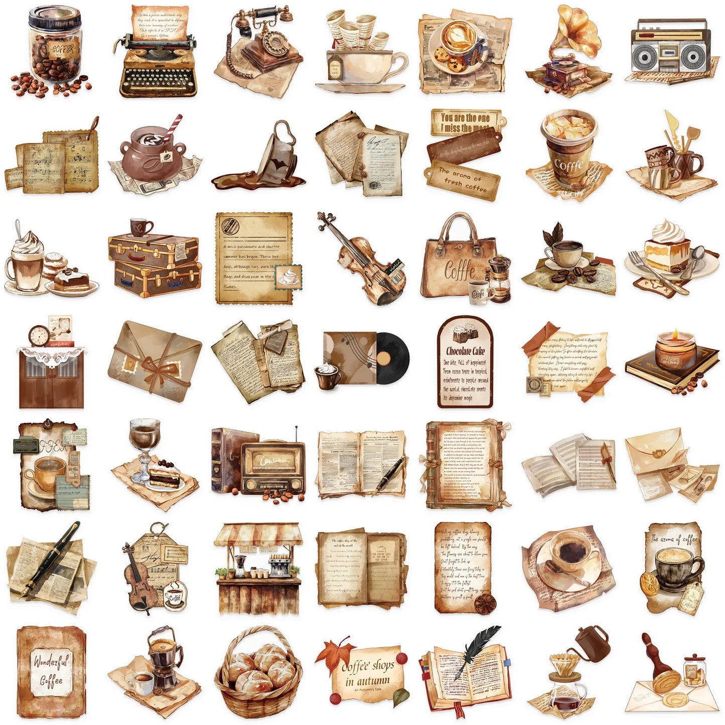 50 Retro Transparent Cafe Stickers pack