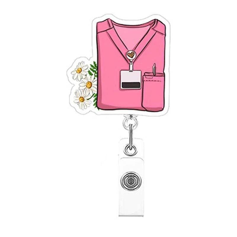 Pink scrubs with a badge holder and flowers on a white background
